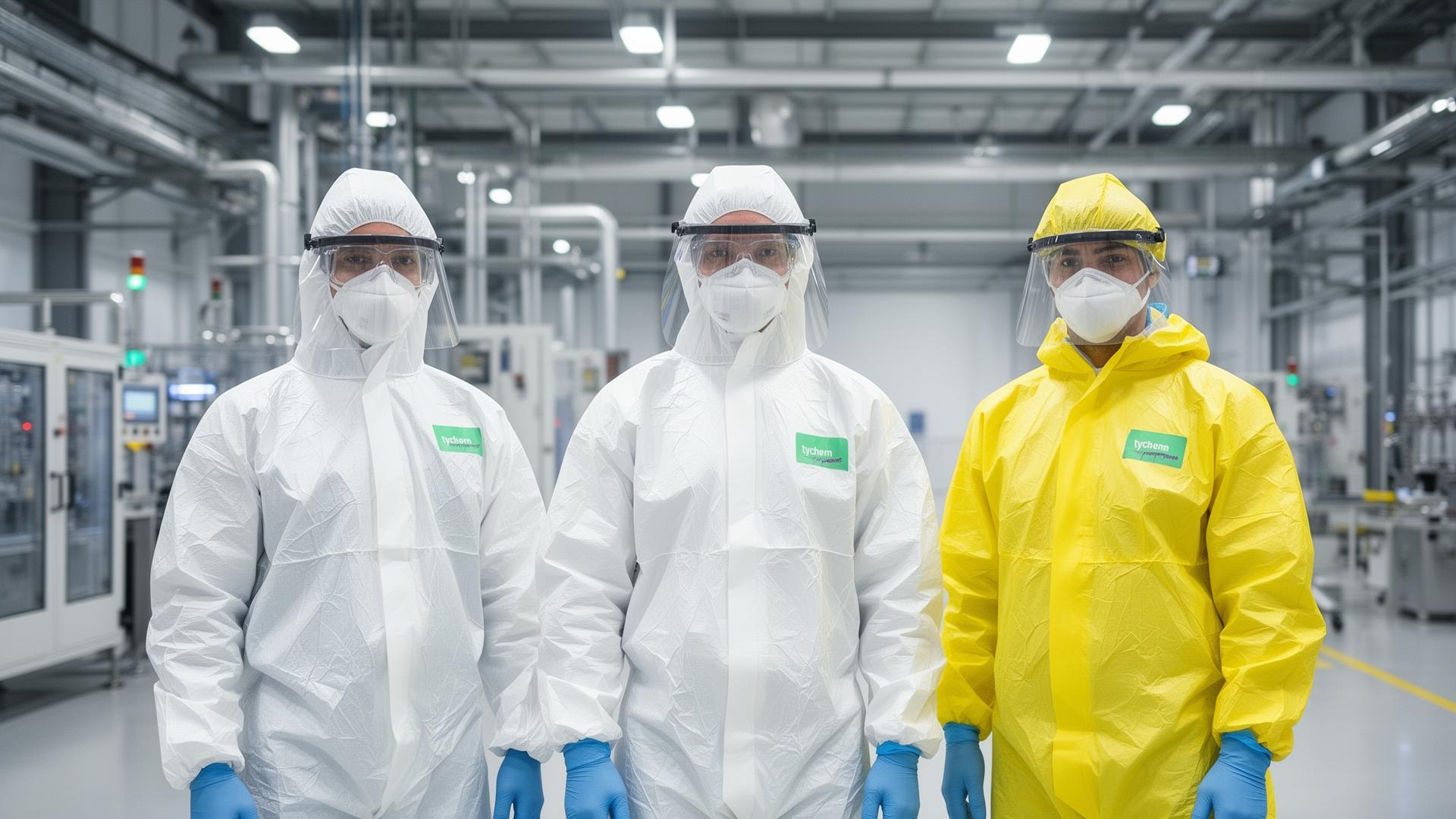 Industrial workers wearing Tyvek and Tychem protective suits for chemical and painting protection