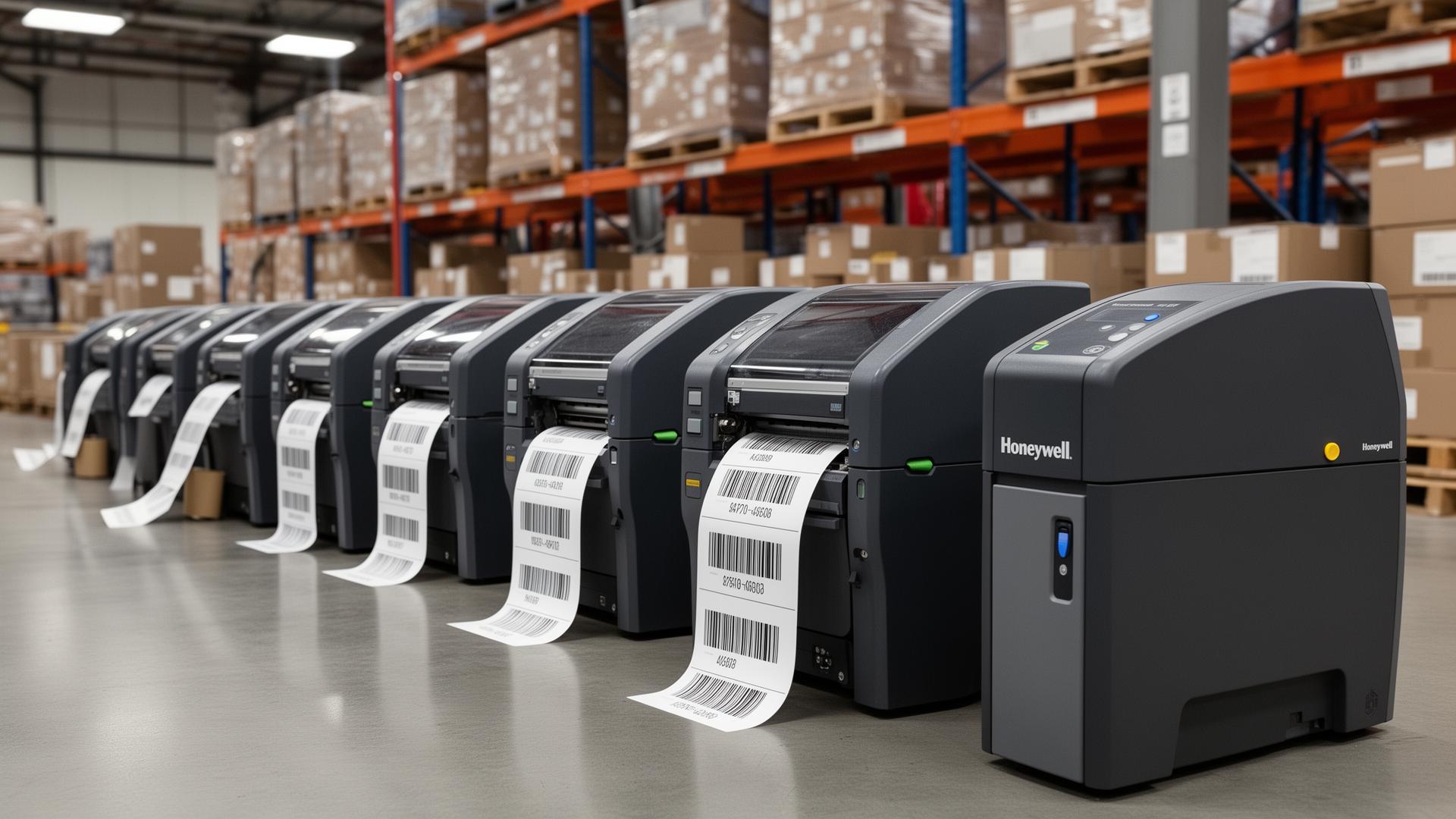 Row of industrial thermal barcode printers including Zebra and Honeywell models in warehouse setting