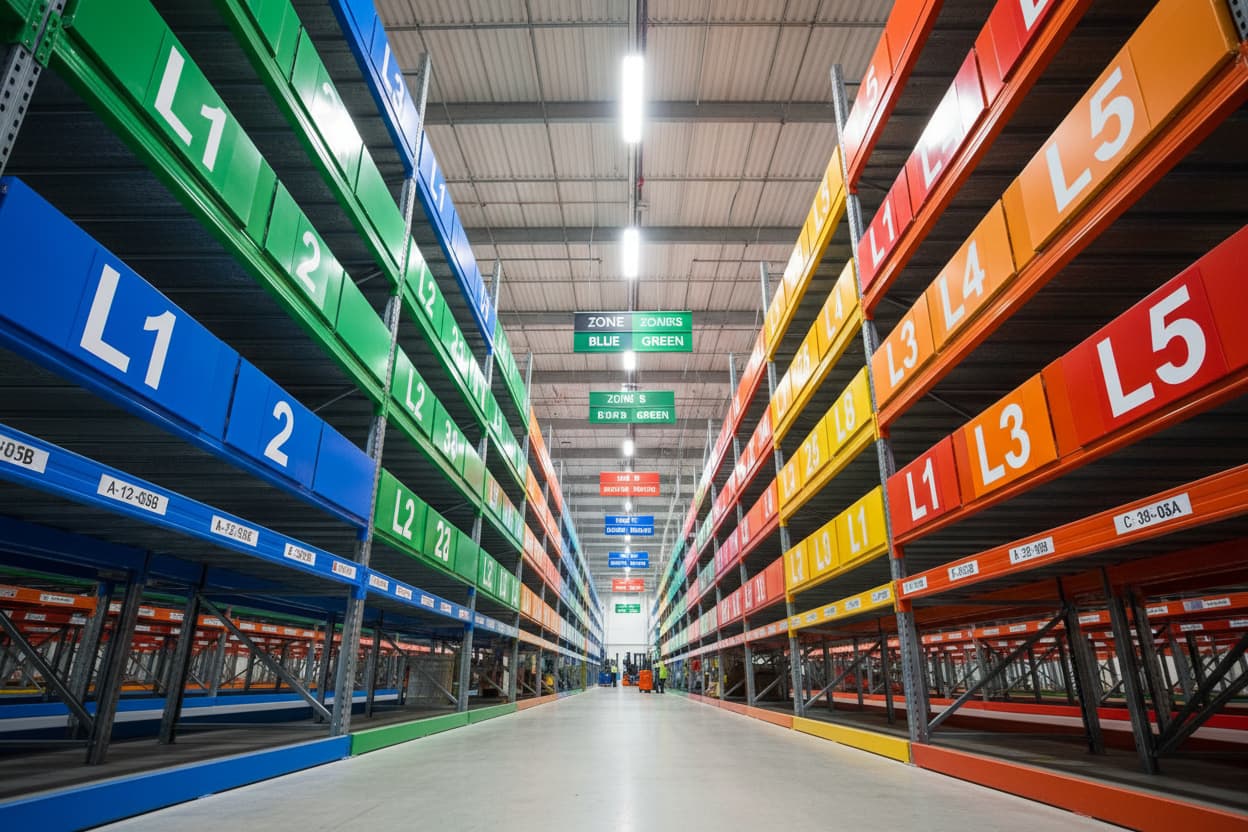 Color-coded warehouse rack labeling system with zone identification